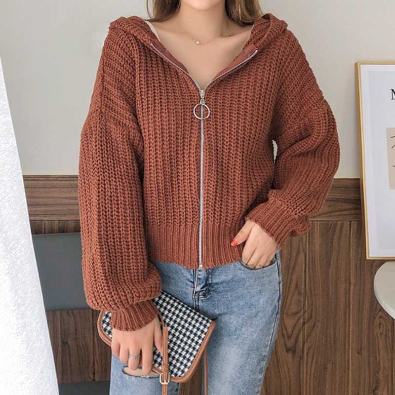 Yedinas Winter Cardigan Women Long Sleeve Hooded Black Loose Knit Casual Sweater Korean Fashion 210527