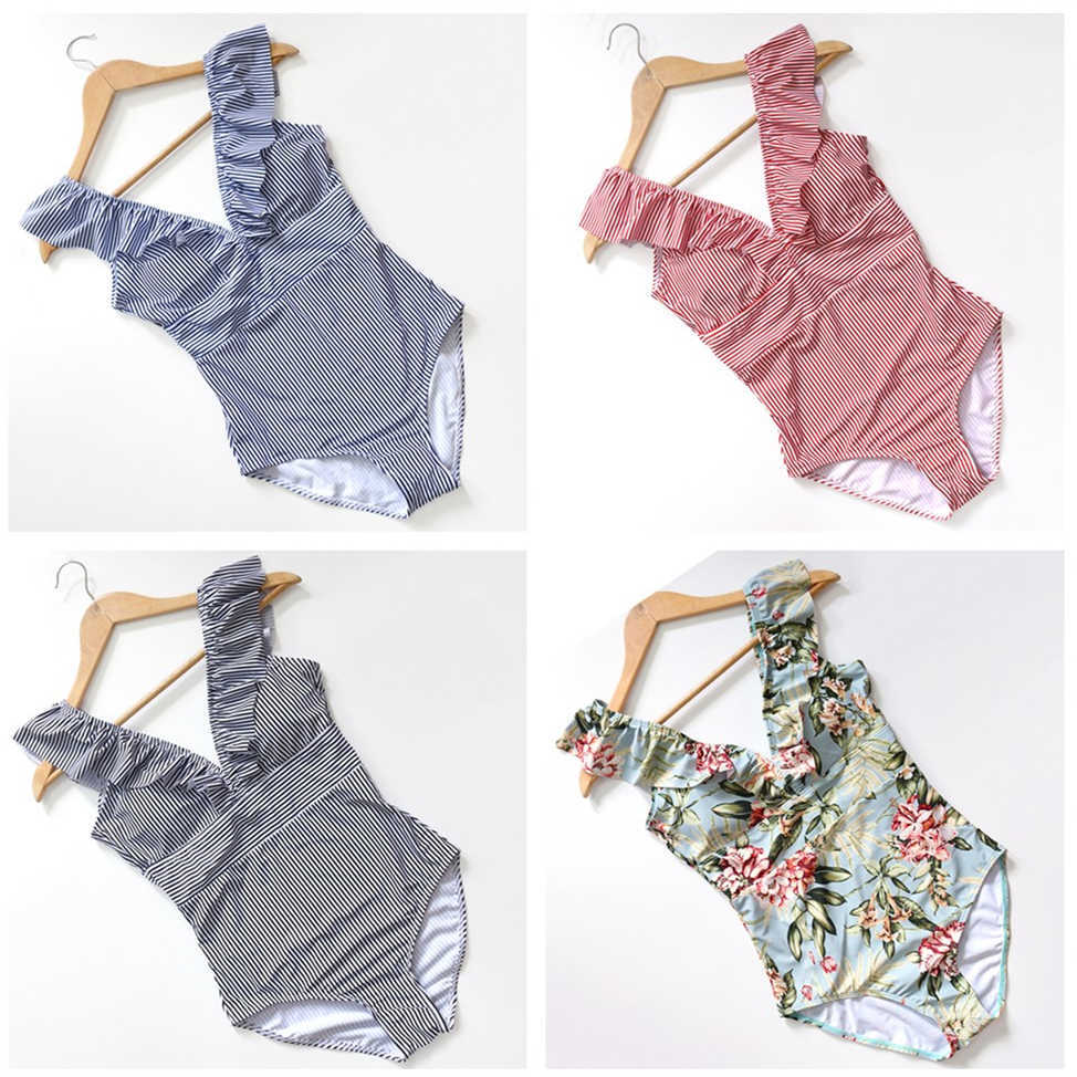 PLAVKY Sexy Female Retro V Neck Blue Striped Swimsuit Ruffled Push Up Padded High Waist Swimwear Women Monokini 210611