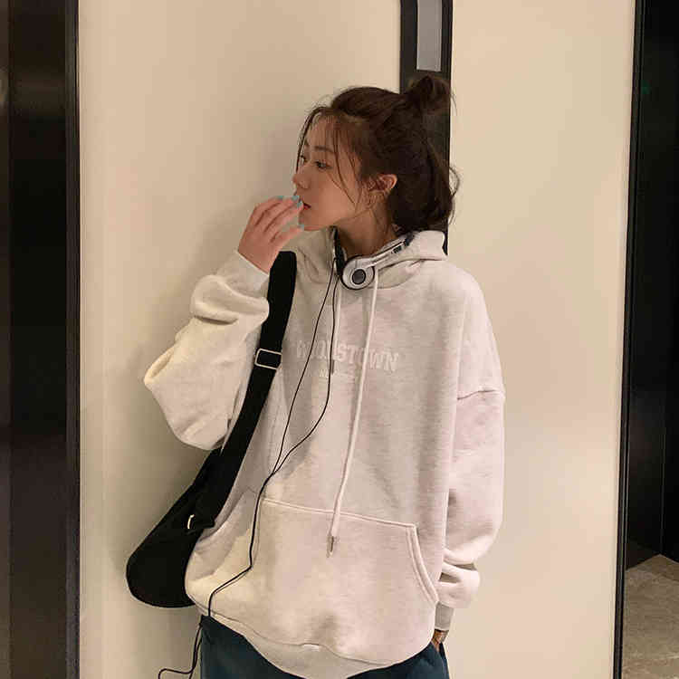 3Color autumn and winter korean style letter print thick hoodies womens large pocket warm sweatshirts and pullovers (F4136) 210423