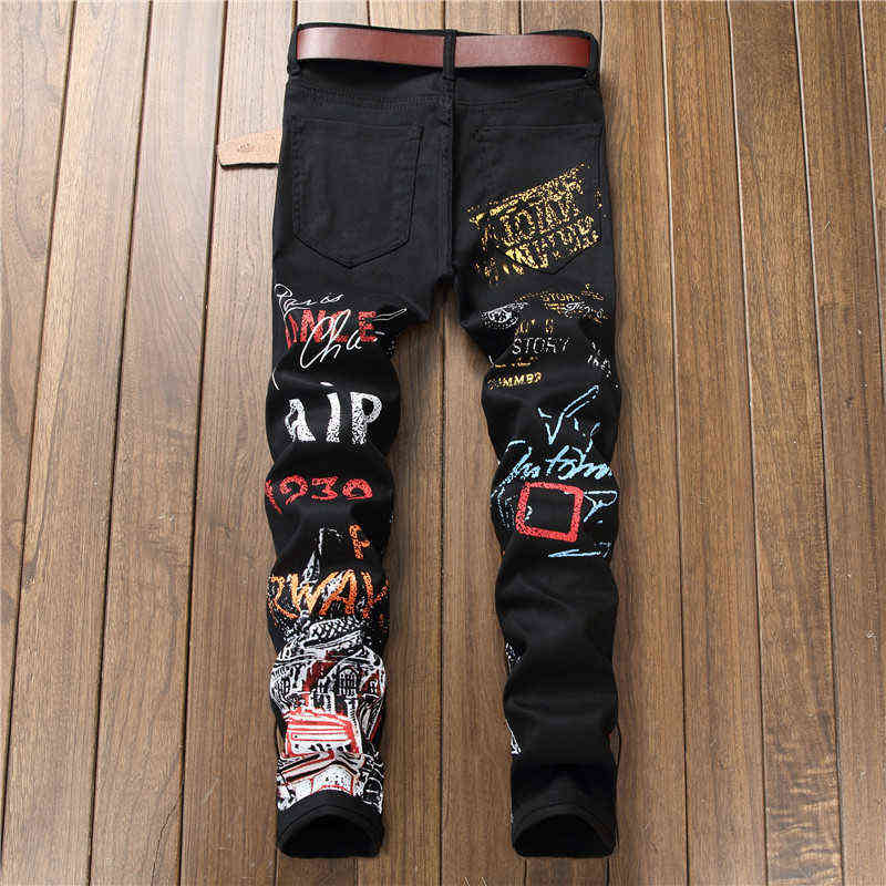 Fashion Mens Graffiti Jeans Stretch White Black Casual Trousers Elastic Pencil Pants Slim Denim For Men 211111