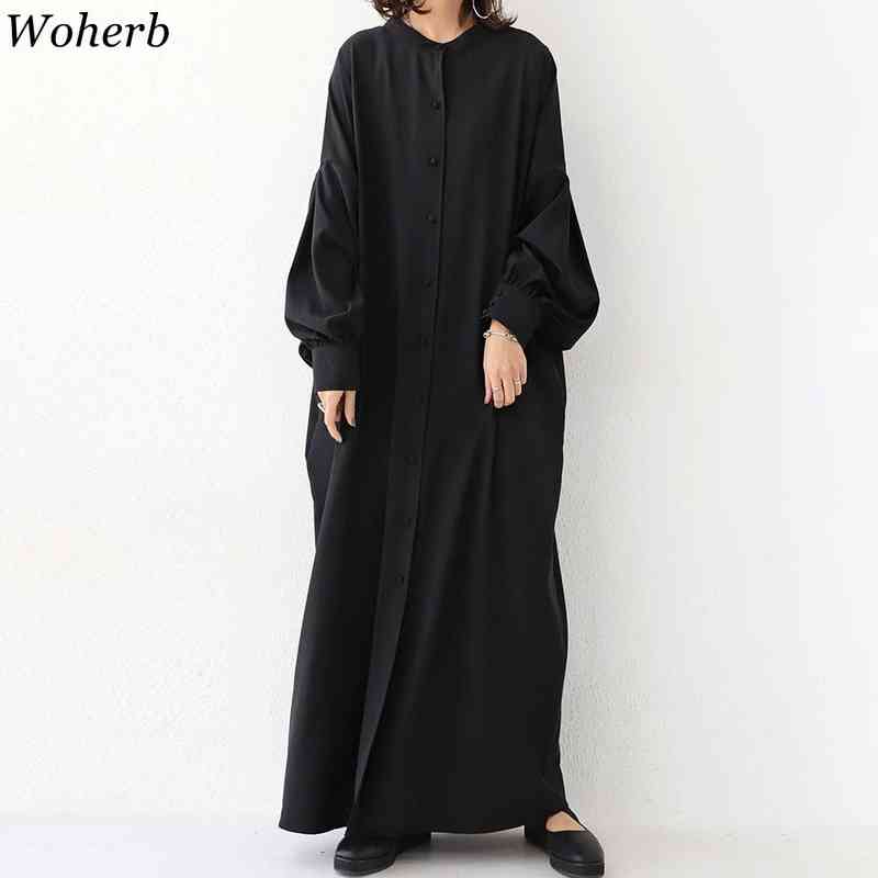 Japanese Style Casual Loose Maxi Dress Women Long Lantren Sleeve Shirt Dresses Vintage Robe Solid Vestido 210519