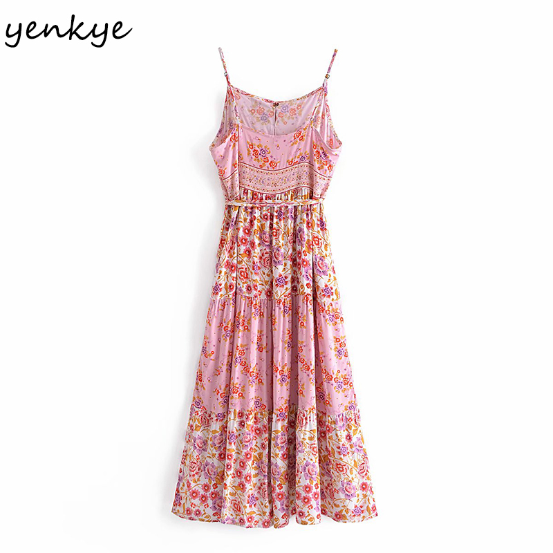 Holiday Summer Boho Beach Dress Women Vintage Hit Color Floral Print Robe Longue Female Sexy Sling Casual Long Dresses 210430