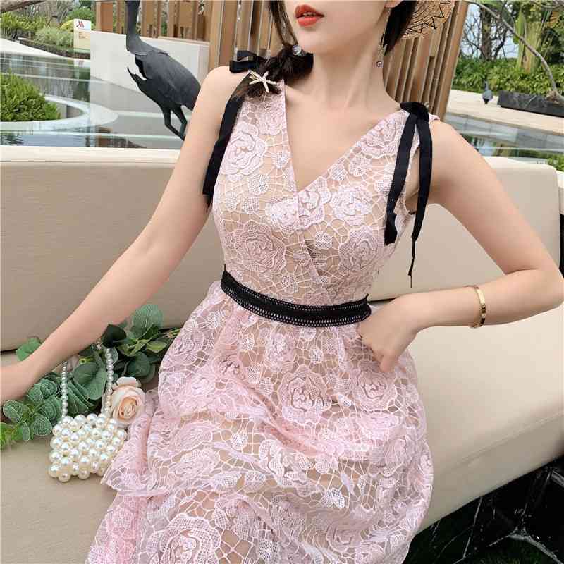 Vintage Elegant Pink Rose Lace Hollow Out Summer Dress Women's Embroidery Party Dresses Vestido Midi Feminino 210520