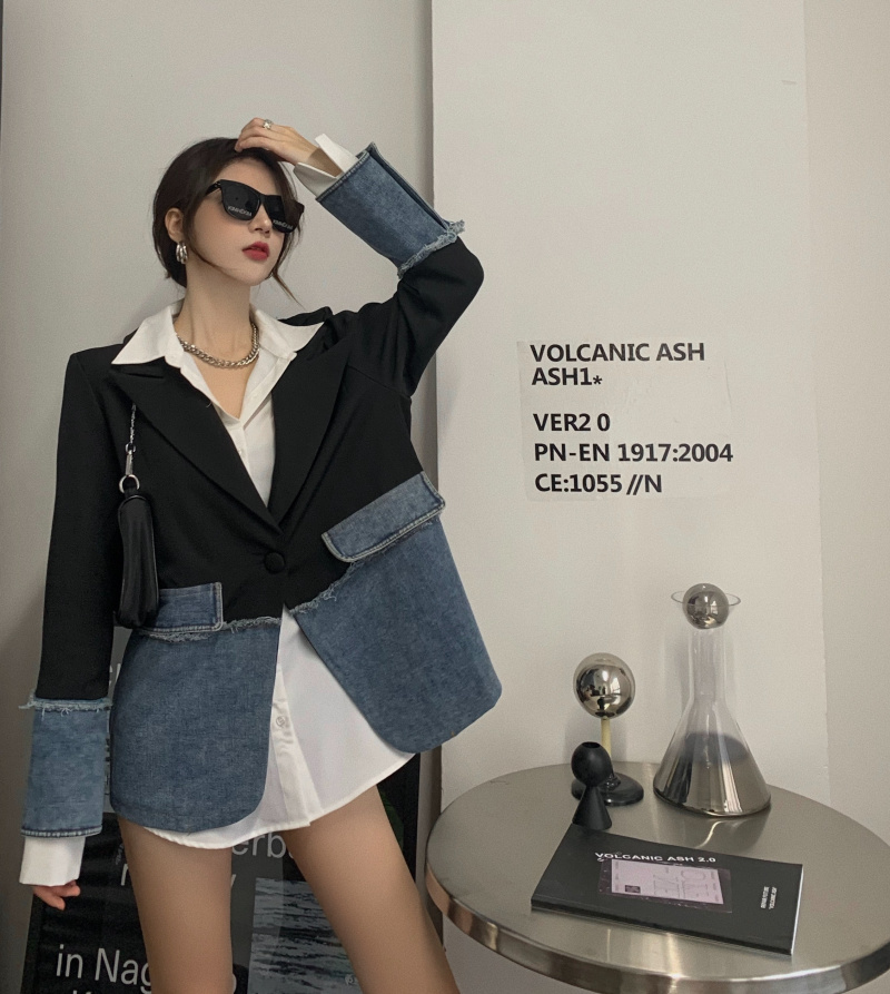 Elegant Women's Denim Patchwork Long Sleeve Blazer Coat Spring Female Fashion Clothing 210519