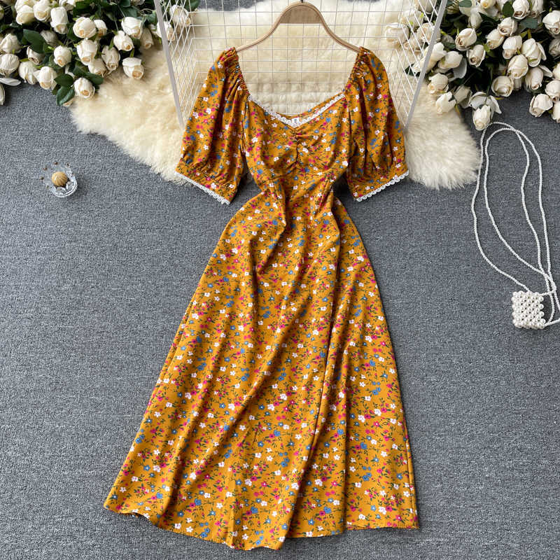 DEAT Women Printing Lace Dress Square Collar Puff Sleeve Arrivals Lady Temperament Fashion Spring Summer 11D565 210709