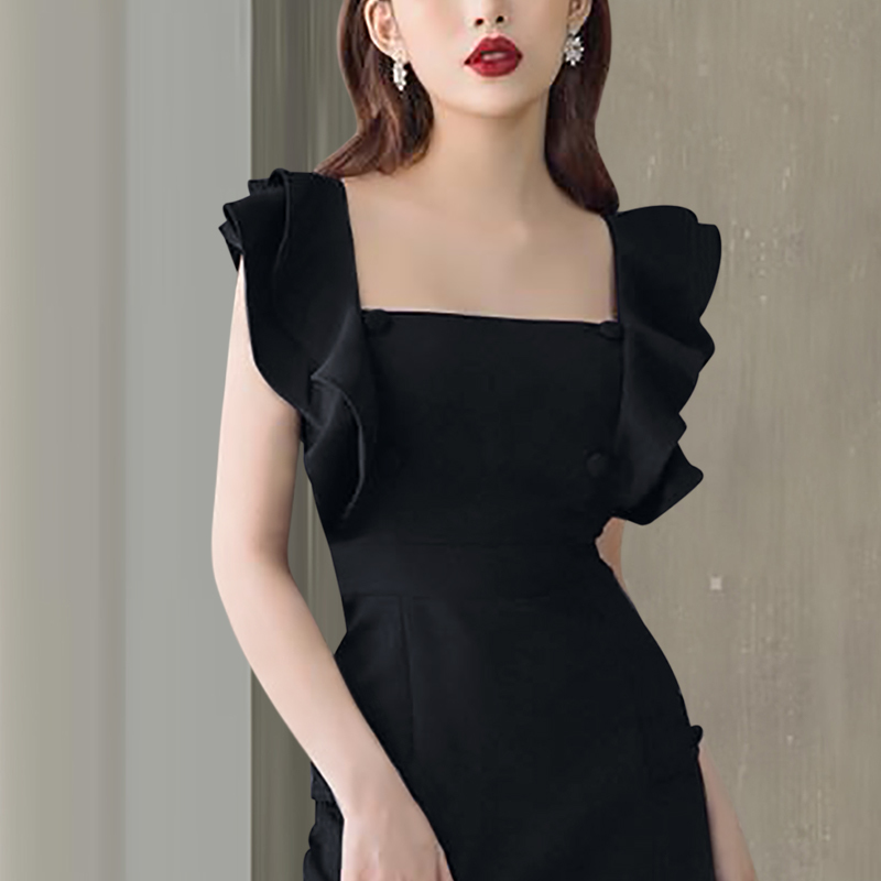 Women Sexy Black Split Dress Sheath Ruffles Butterfly Sleeve Bodycon Square Collar Lady Fashion Party 210506
