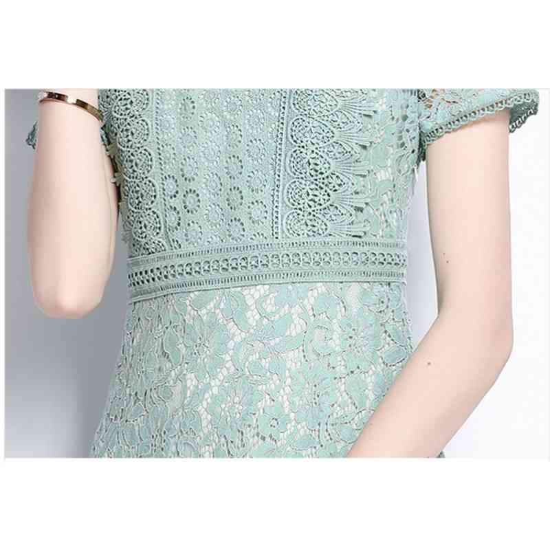 Summer Dress Women Vintage Elegant Lace Hollow Out Fashion Green Ladies Dresses Vestidos 210520