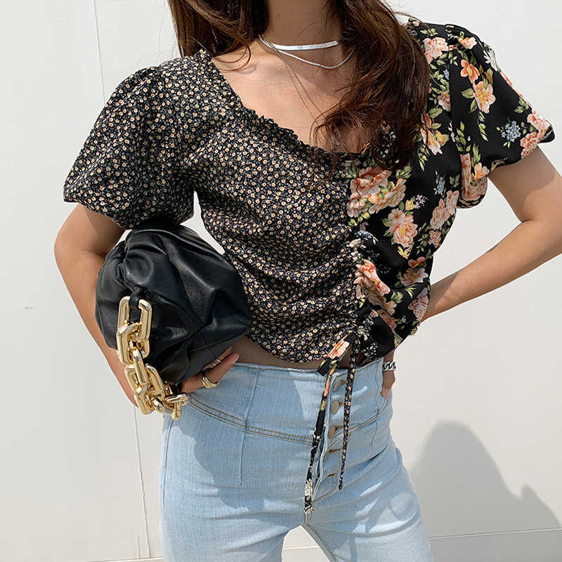 Korejpaa Women Shirt Summer Korean Retro Wood Ear Off-Shoulder Pleated Drawstring Stitching Floral Lantern Sleeve Blouses 210526