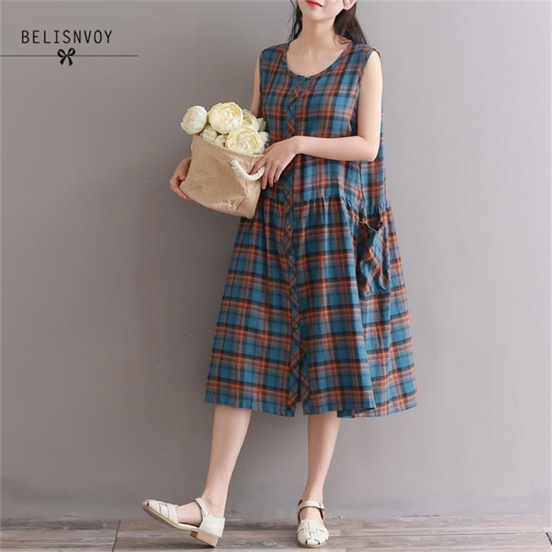 Mori Girl Summer Women Tank Dresses Loose Casual O-neck Sleeveless High Waist Plus Size Mid-calf Plaid Vintage Dress Vestidos 210520, Blue
Mori Girl Summer Women Tank Dresses Loose Casual O-neck Sleeveless High Waist Plus Size Mid-calf Plaid Vintage Dress Vestidos 210520, Blue