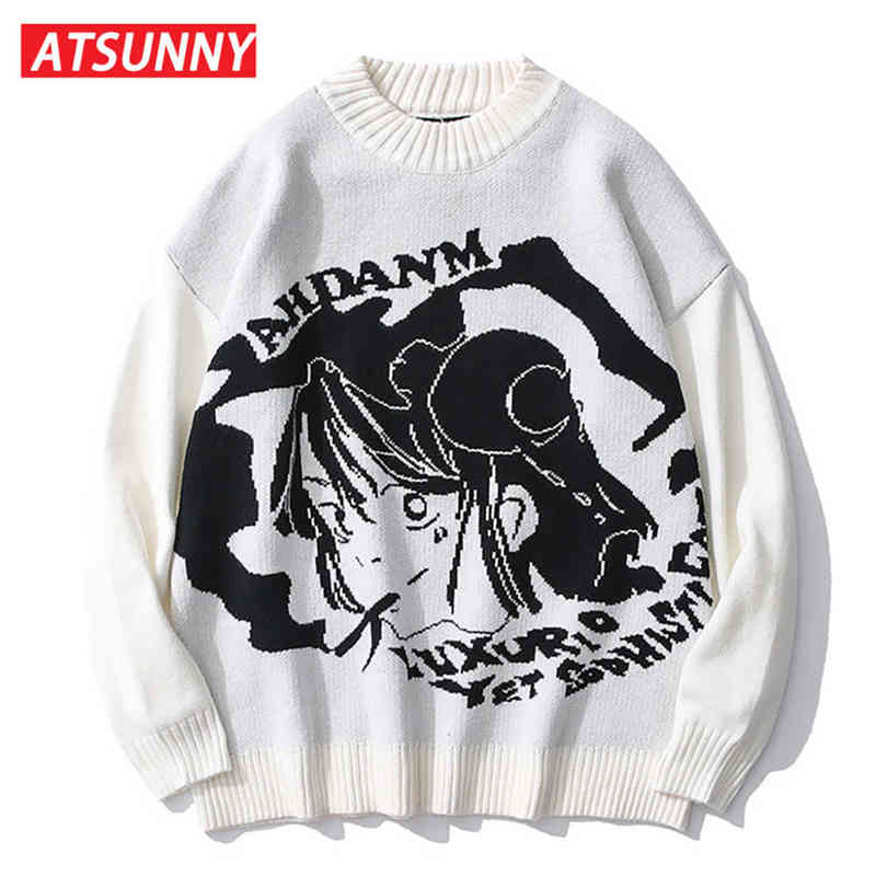 ATSUNNY Mens Hip Hop Streetwear Harajuku Sweater Vintage Retro Japanese Style Anime Girl Knitted Sweater Autumn Cotton Pullover 220108