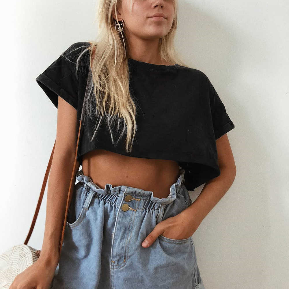 Female t-shirt 2020 Fashion Women's t shirt Crop Tops Summer Simple Soild tshirt Female Casual Tee Tops O-neck White T shirt X0628