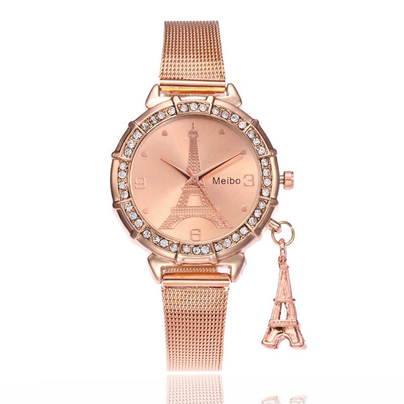 Wristwatches Meibo Watches Women Fashion Luxury Crystal Paris Eiffel Tower Rose Gold Mesh Band Quartz Relogio Feminino, Silver