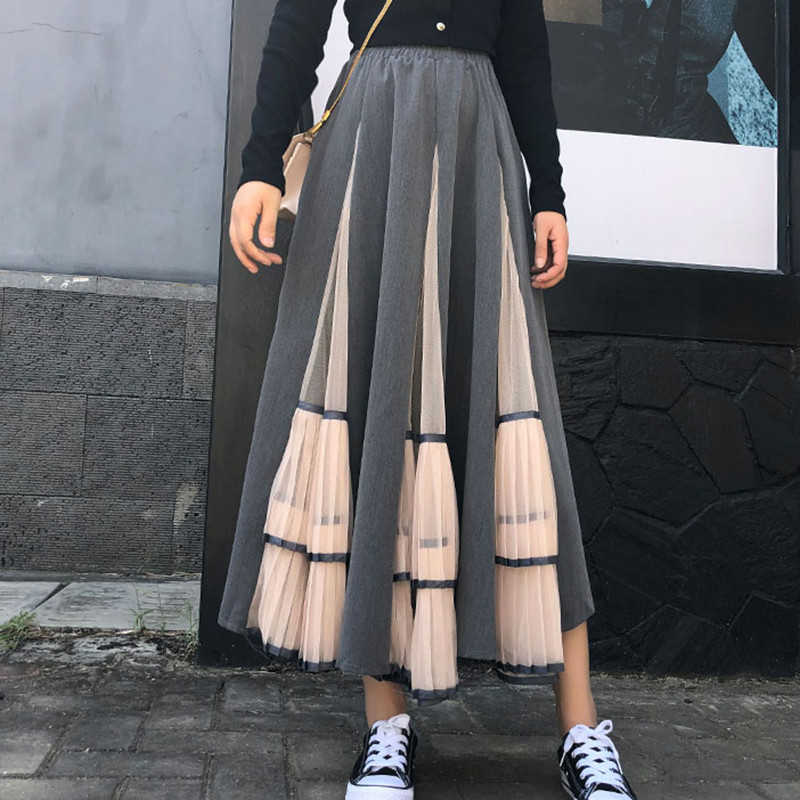 Vintage Mesh Gothic Black Long Skirt Fashion Women Lolita Elastic High Waist Skirt Patchwork Casual Clothes Streetwear 210619