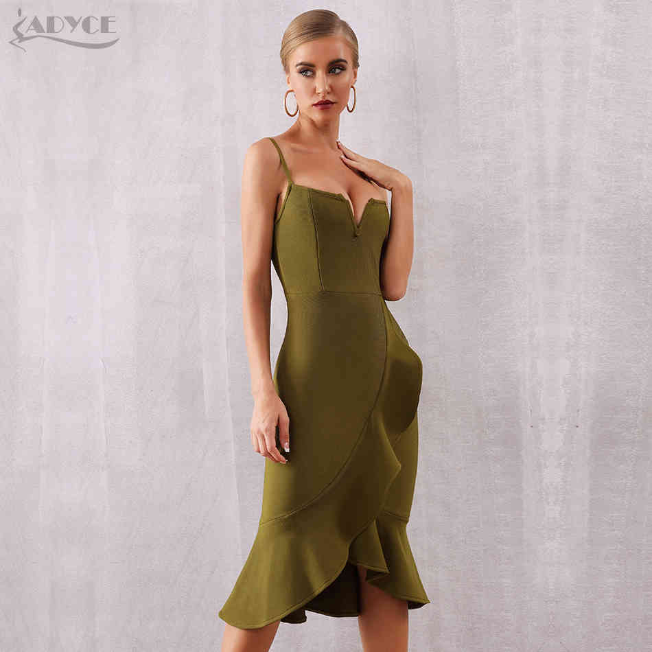 Summer Women Ruffles Bandage Dress Sexy Spaghetti Strap Sleeveless Mermaid Club Celebrity Evening Party 210423