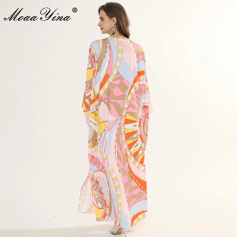 Fashion ner dress Autumn Women's Dress Batwing Sleeve Geometric Print Plus Size Loose Maxi Robe Dresses 210524