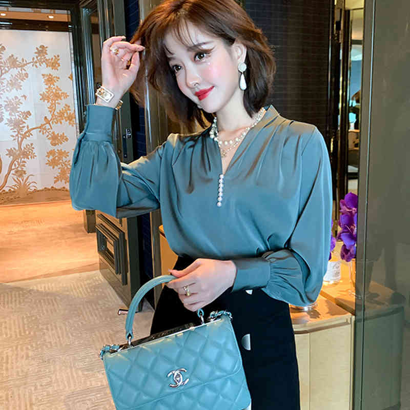 Autumn Spring Lantern Sleeve V Neck Blouse Women Office Lady Plus Size Chiffon Shirts Solid Casual Beading Clothing 12270 210508
