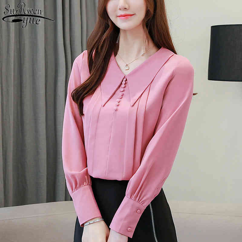 Autumn Lantern Long Sleeve Slim Top Female Chiffon Blouse Korean Solid V-neck Office Lady Style Women's Shirt Pullover 11100 210427