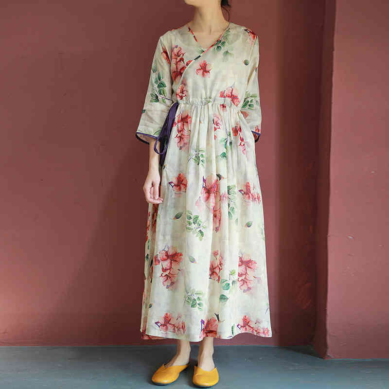 Johnature Women Vintage Print Floral Dress V-Neck Seven Sleeve Robes Ramie Belt Female Clothes Summer High Waist Dress 210521, Mixed color
Johnature Women Vintage Print Floral Dress V-Neck Seven Sleeve Robes Ramie Belt Female Clothes Summer High Waist Dress 210521, Mixed color