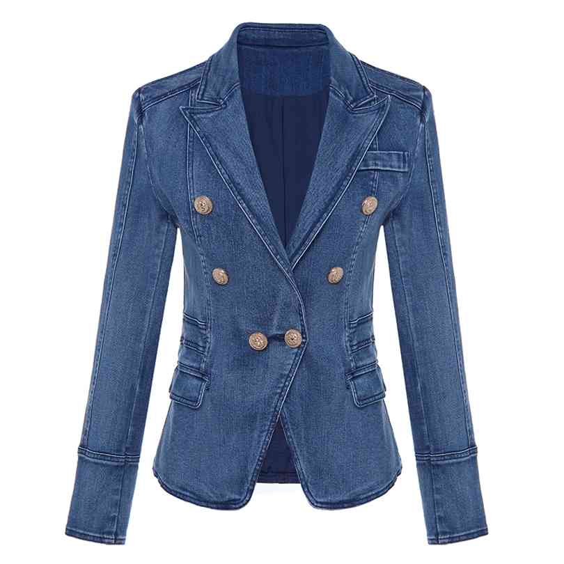 HIGH QUALITY Fashion Designer Blazer Women's Metal Lion Buttons Double Breasted Denim Jacket Outer Coat 210824, Denim blue
HIGH QUALITY Fashion Designer Blazer Women's Metal Lion Buttons Double Breasted Denim Jacket Outer Coat 210824, Denim blue