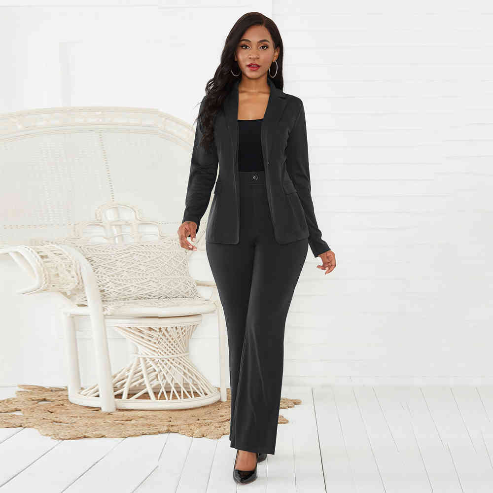 Women's suits Green Black Sets Autumn Winter Turn Down Collar Elegant Blazers Coat Wide Leg Long Pants Workwears 2 Pcs Outfits 210522
