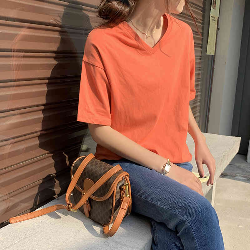 Summer Short Sleeves All Match Loose Casual Brief Female Streetwear Cotton Minimalist Tops V-Neck Women T-Shirts 210421