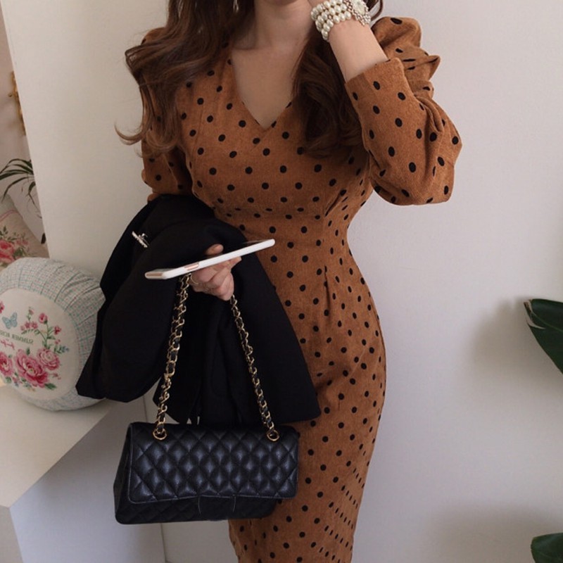 French Style Spring Autumn Women Polka Dot Print Casual Fashion Corduroy Dresses Eleagnt Laceup Slim Party Dress 12091 210417