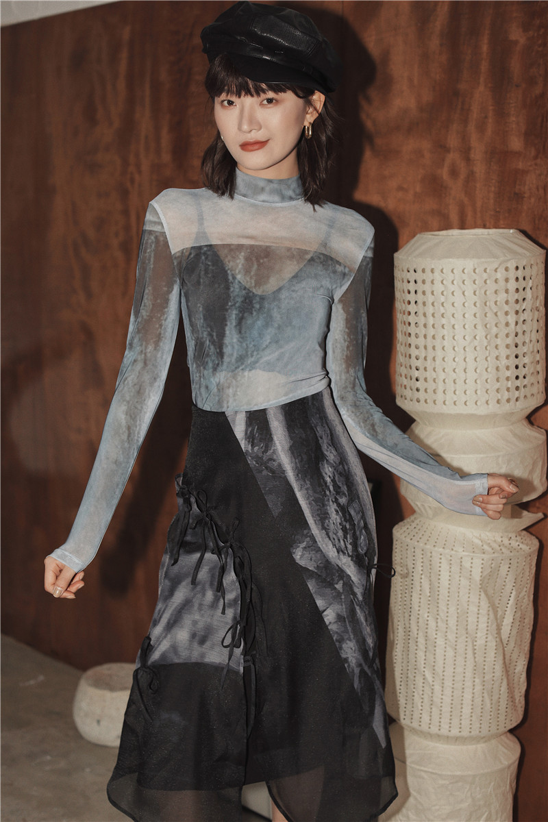 CHEERART Ocean Print Mesh Top Long Sleeve Turtleneck T Shirt Women Sheer Transparent Top Fashion Tee Shirt Aesthetic Clothes 210406