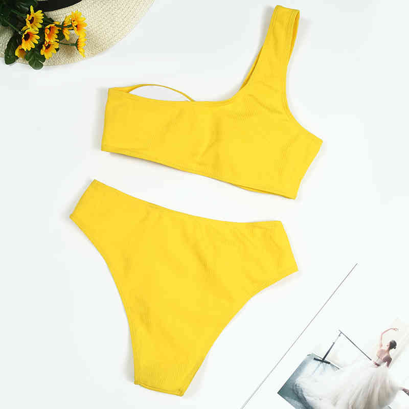 Sexy Yellow Bikini High Cut Swimsuit Women Push Up Swimwear Summer Beach Wear Solid One Shoulder Bathing Suit Rings 210520
