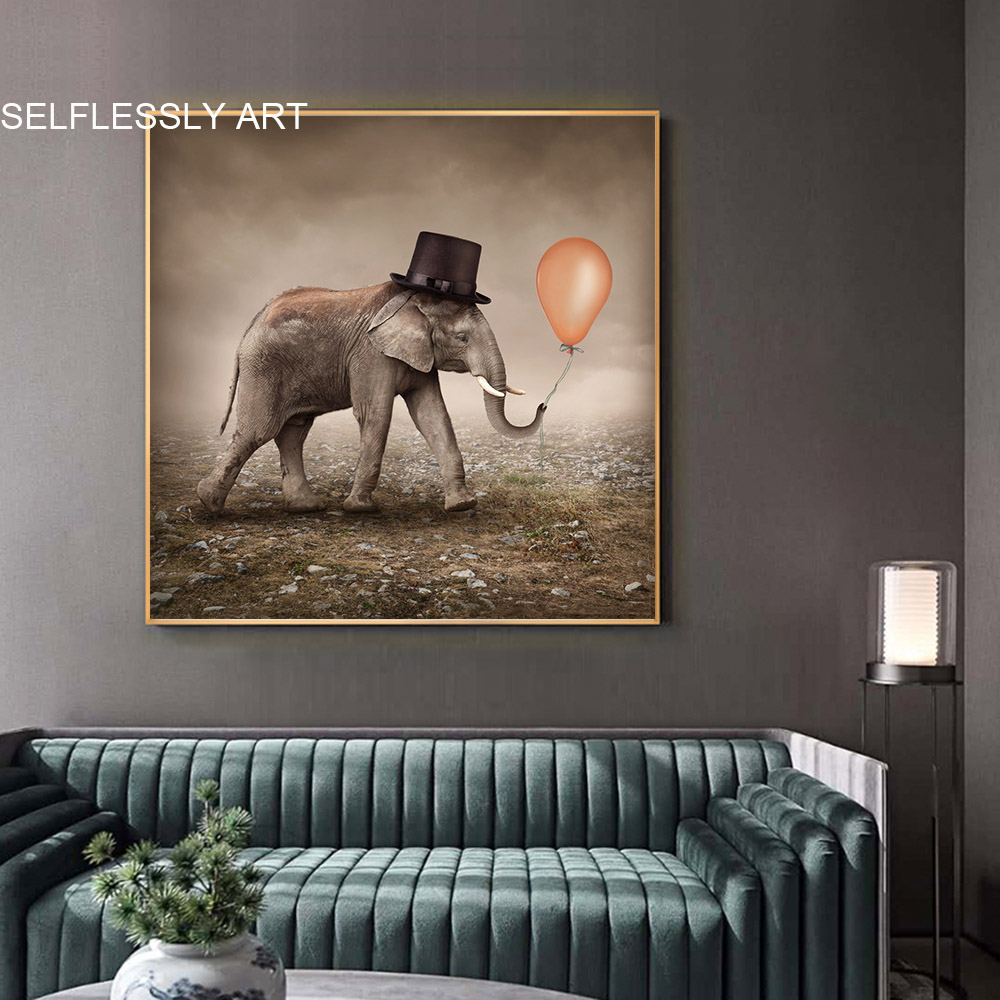 Elephant With Hat Balloon Canvas Painting Wall Pictures For Living Room Animal Art Poster and Print Vintage Pictures Home Decor