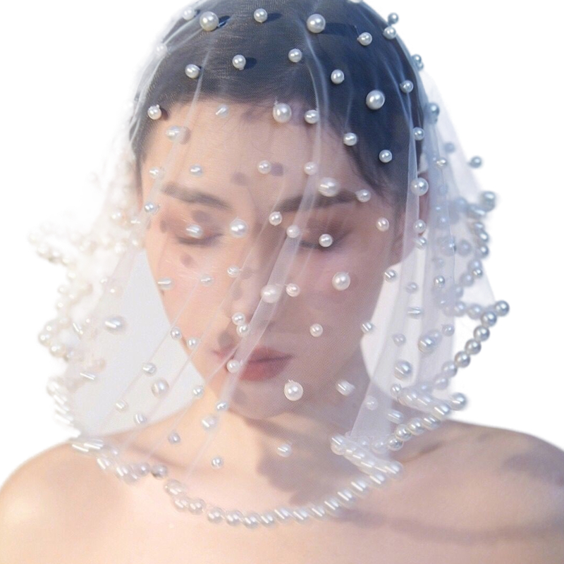 Vintage White Pearls Beaded Bridal Veils Fancy Edge Short Blusher Wedding Veil One Layer Bride Hair wedding Accessories