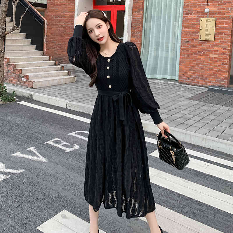 Autumn and Winter Temperament Slim Frenulum Single breasted Thickening Long sleeves Dress Patchwork lace 210506