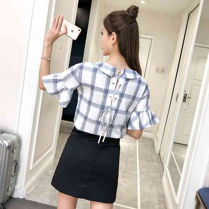 fashion sweet lady short sleeved blouses plaid women tops peter pan collar clothing summer casual shirts 0426 40 210506
