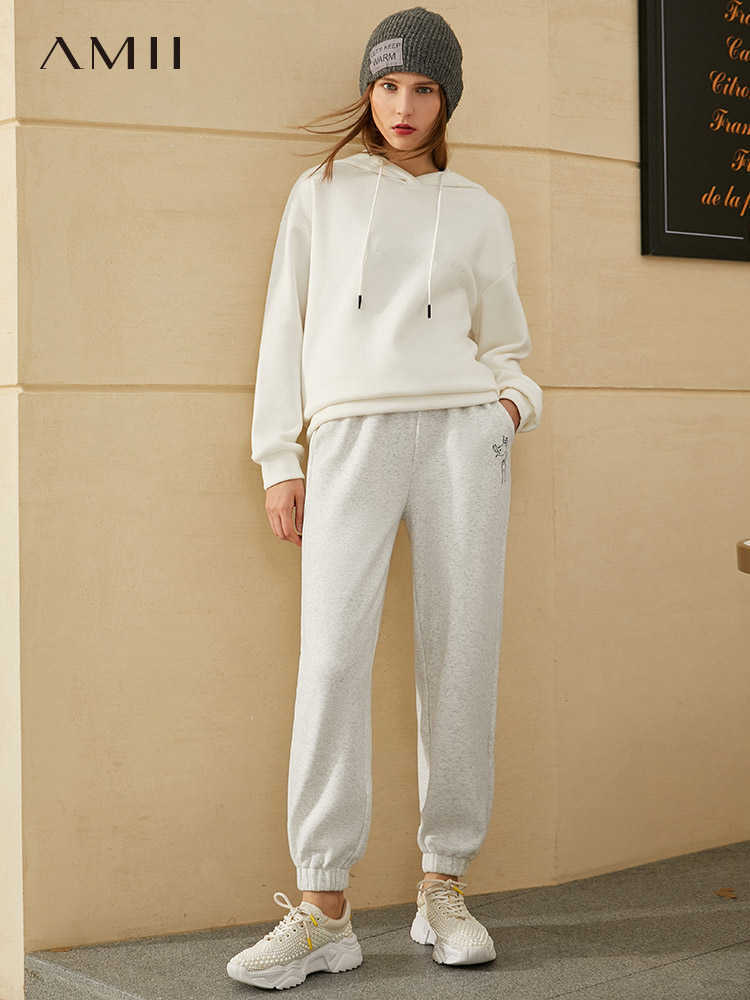 Minimalism Winter Women's Pants Causal Embroidery Elastic Waist Loose Fleece Thick Streetwear Femle Trousers 12030441 210527