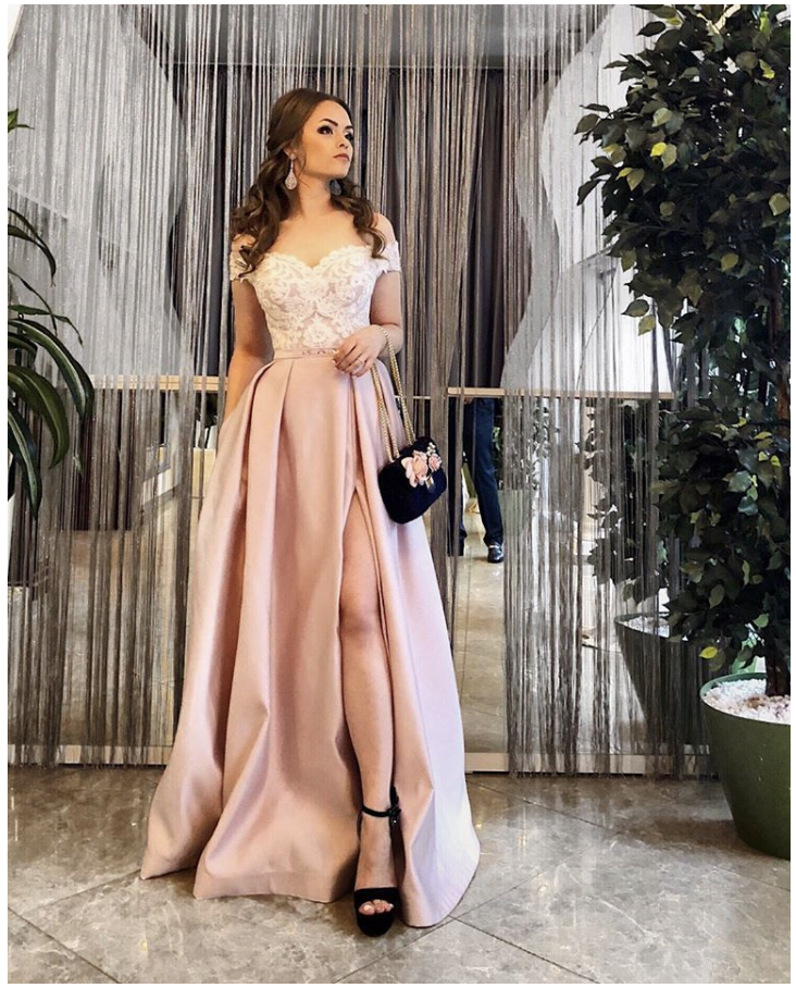 Off The Shoulder Long Evening Dress Lace Vintage Sweetheart Formal Gown With Pockets High Slit Prom Dresses For Women