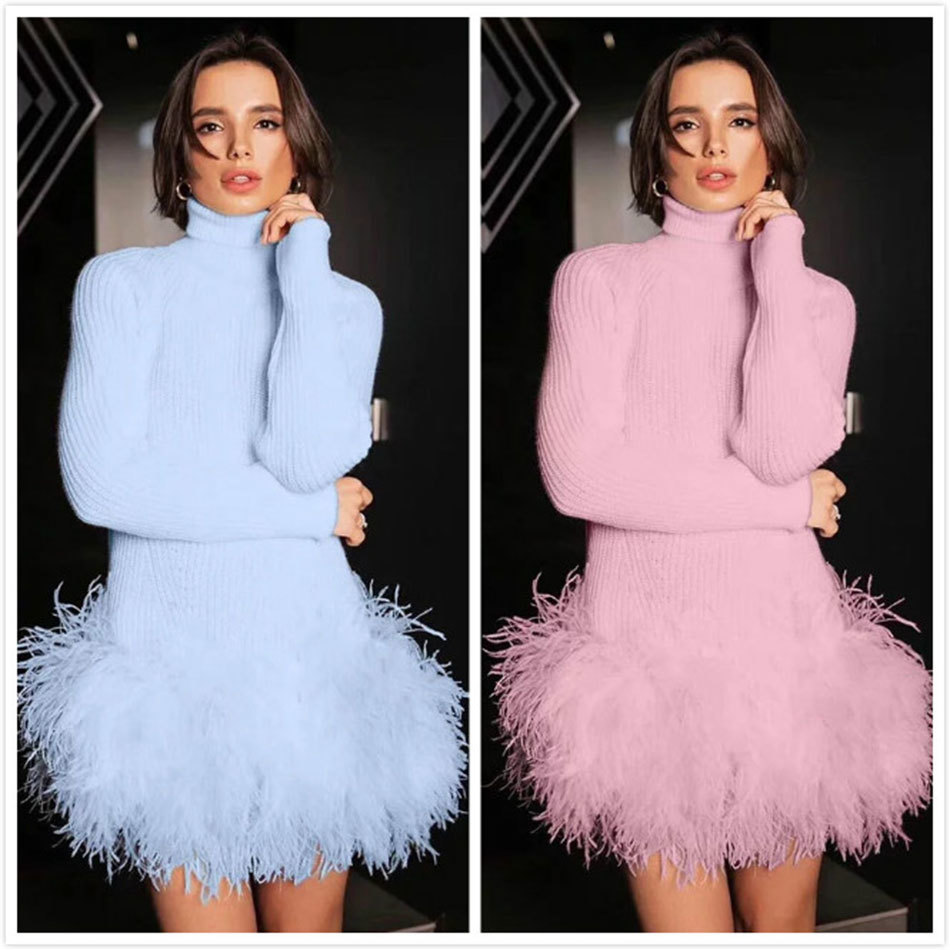 Free Turtleneck Knit Sweater Dress Women Winter Long Sleeve Stitching Feather Bodycon 210524