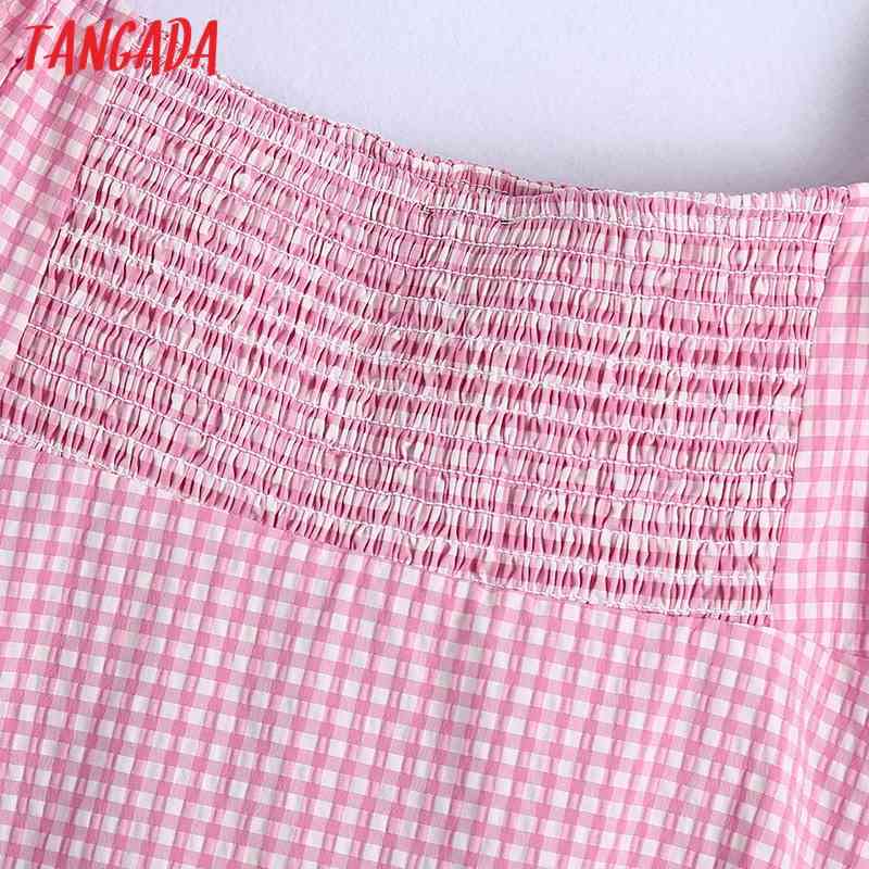 Summer Women Pink Plaid Beach Square Neck Short Sleeve Ladies Mini Dress Vestidos BE600 210416