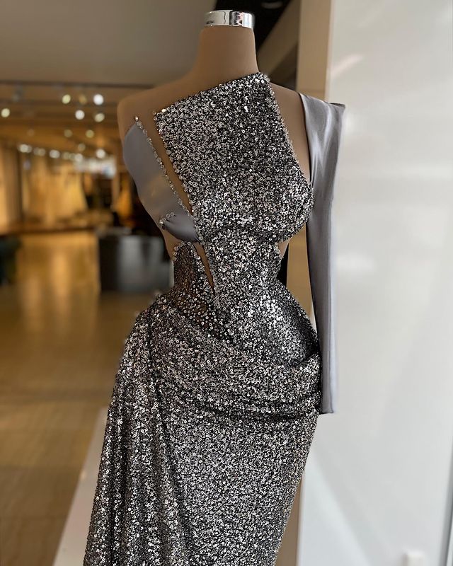 2022 Plus Size Arabic Aso Ebi Grey Sparkly Sexy Prom Dresses Beaded Sequined Evening Formal Party Second Reception Gowns Dress ZJ220