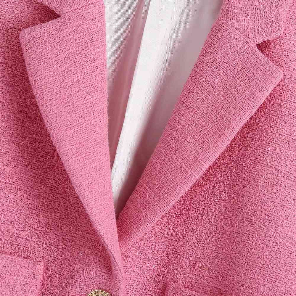 Women Fashion Tweed Casual Cropped Texture Pink Blazer Summer Pockets Single Breasted Short Blazer Jacket Coat Tops 210521