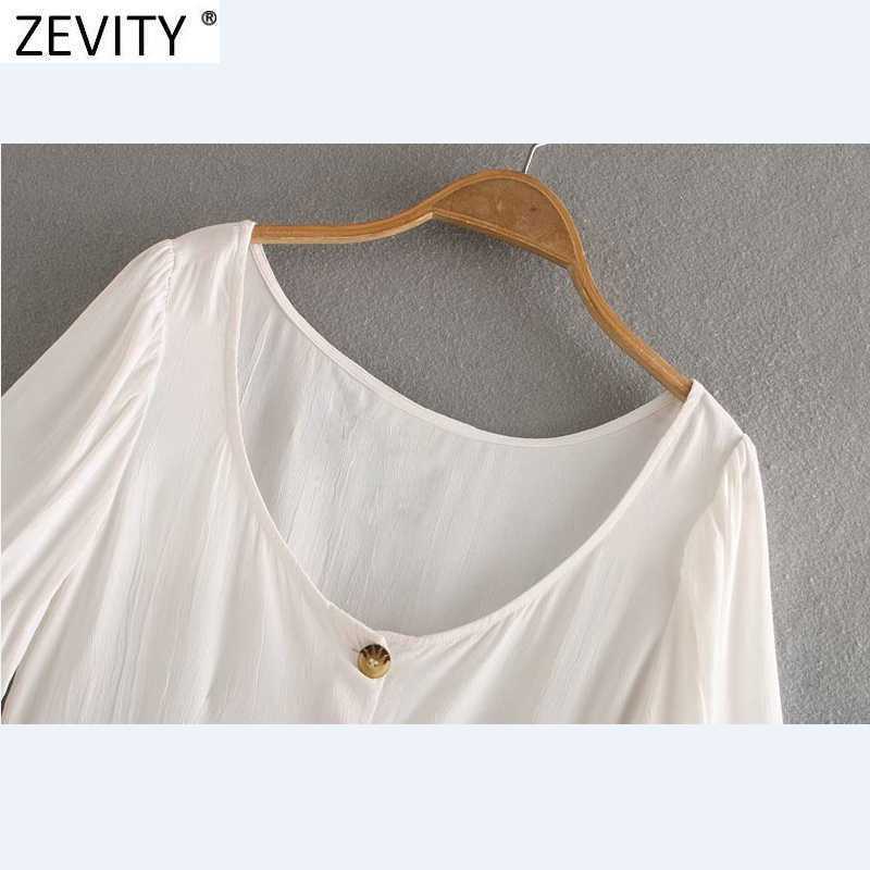 ZEVITY Women Vintage Square Collar Puff Sleeve Solid Hem Ruffles Blouse Prairie Female Breasted Shirt Chic Blusas Tops LS9312 210603
