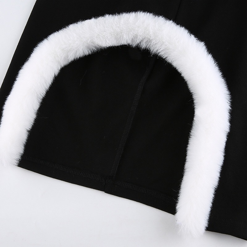 Sexy Women High Waist Spliced Faux fur Mini Skirt Black Y2K Stylish Cool Girl Package Hips Short Skirts Party 210429