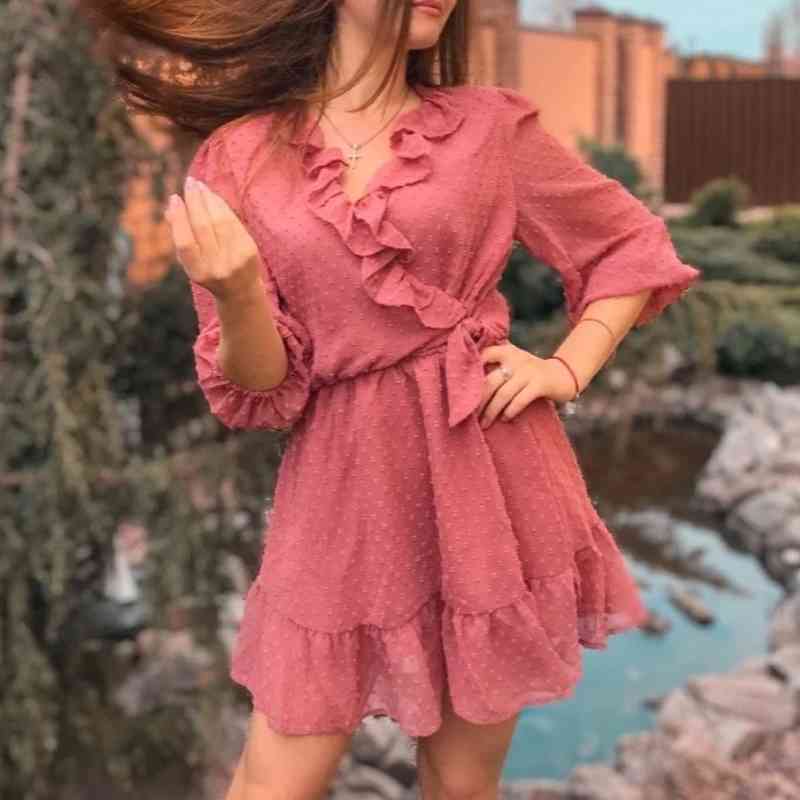 Women Cross V Neck Ruffle Lace Up Flocked Chiffon Mini Dress Female Lantern Sleeve Clothes Casual Lady Loose Vestido D7372 210430
