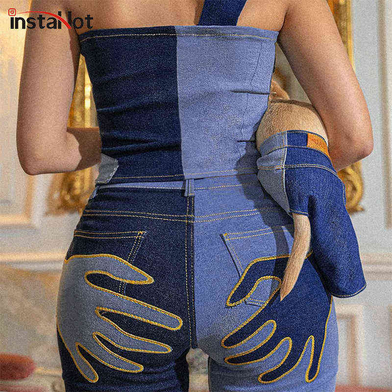 Insta Women Flare Jeans Embroidery Trousers Y2K Casual Streetwear Denim Fashion Vintage Female Sexy Patchwork Pantalones 211129