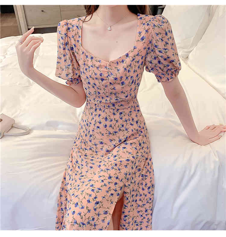 Korean Summer Elegant Women Square Collar Puff Sleeve Floral Chiffon Dress Vestidos Retro High Waist Slim Sexy Split 210519