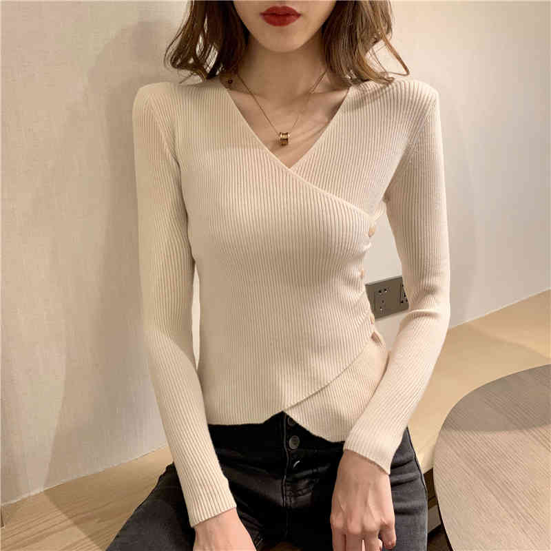 Autumn Women Cross V-neck Full Sleeve Pullovers Sweaters Girls Knitted Knitwear Side Buttons Sweater Crop Tops For Female 11784 210415