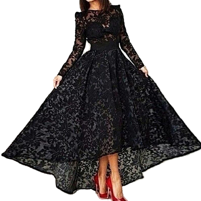 Black High Low Muslim Evening Dresses 2022 A-line Long Sleeves Tea Length Lace Islamic Dubai Saudi Arabic Long Elegant Special Occasion Gowns Prom Dre