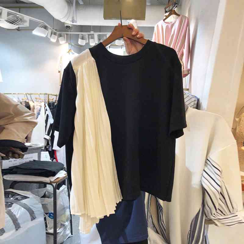 VANOVICH Korea's Spring Summer Women Loose Irregular Stitching Pleated Round Collar T-shirt Women's Top 210615Z