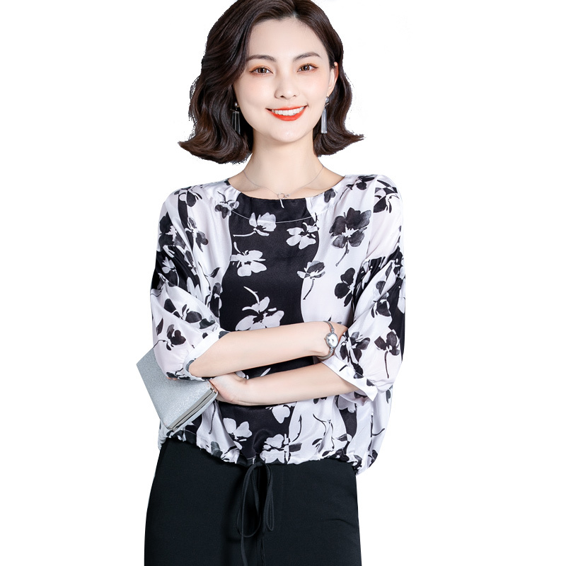 Korean Silk Shirt Women Summer Print Plus Size Office Lady Tops Blusas Mujer De Moda High Quality Blouses Femme 10159 210506