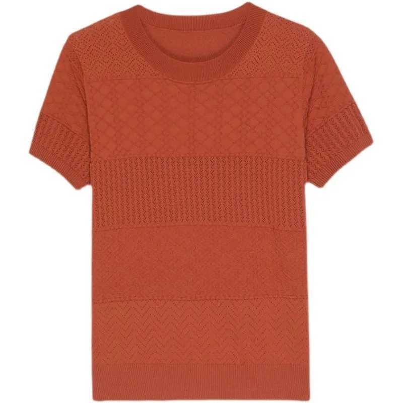 Summer Hollow Out Knit Short Sleeve T-Shirt Women Korean Casual Solid Colors Knitwear Tee Casual Round Neck Ice Silk pullovers 211014