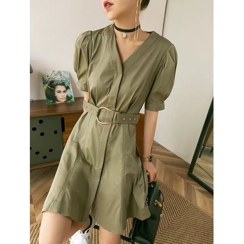 Elegant Women Green V-Neck Dresses Fashion Ladies Pocket Sashes Vestidos Streetwear Female Chic Puff Sleeve Mini Dress 210430