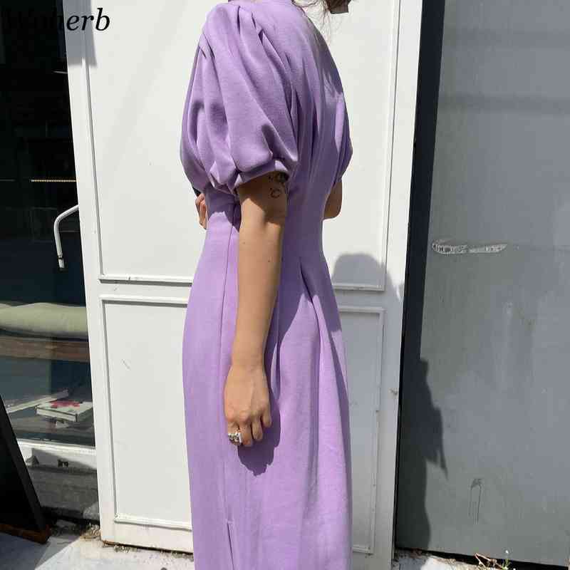 Vintage Puff Sleeve Dress Midi Summer A-Line Women Elegant Vestidos Largos Verano Robe Korean Solid Dresses Elegante 210519